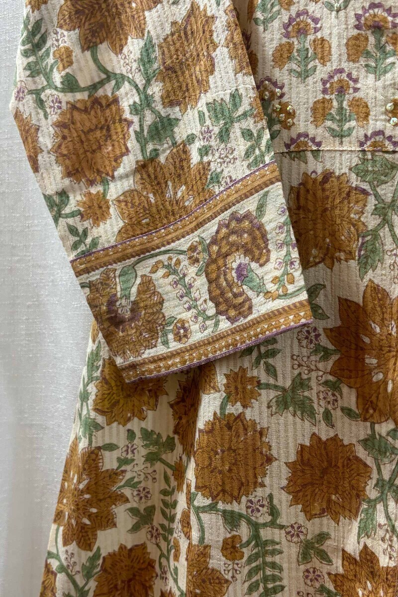 Beige Hand Block-Printed Kurta