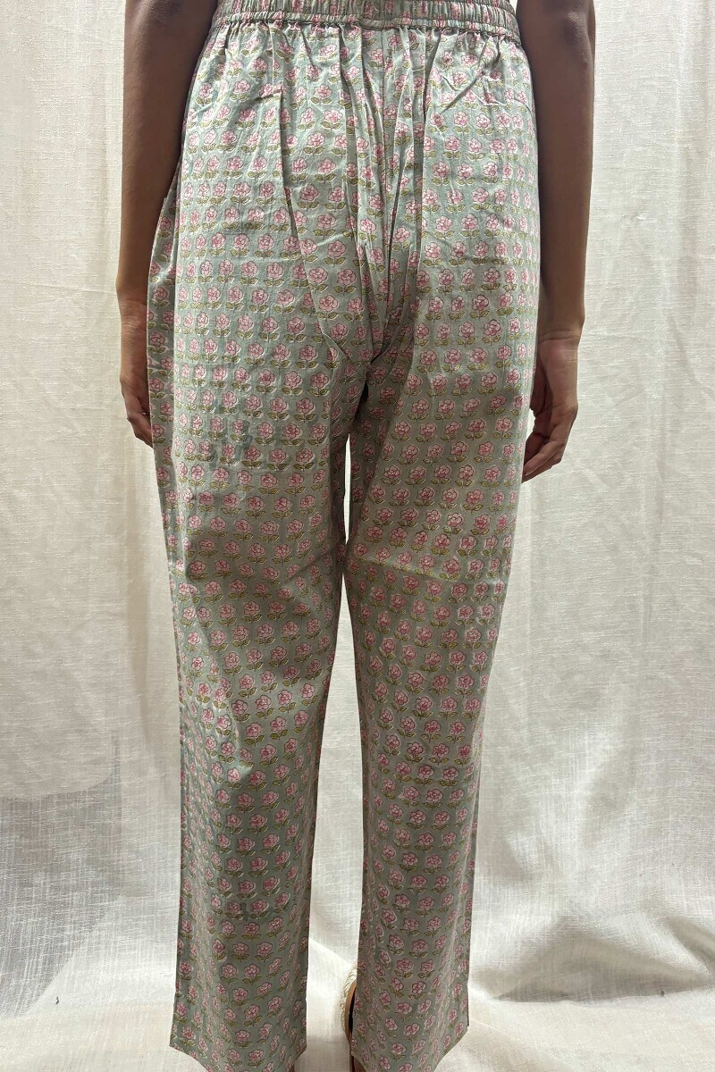 Green Hand Block-Printed Cotton Narrow Pants