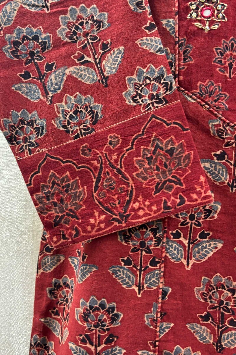 Red Hand Block-Printed Kurta for Women