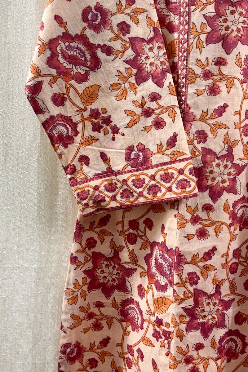 Cream Printed Straight Sanganeri Kurta