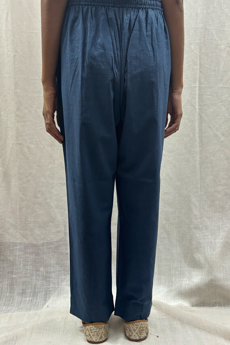 Blue Handcrafted Cotton Slub Narrow Pants
