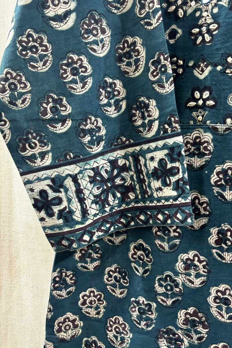Teal Hand Block-Printed Kurta for Women