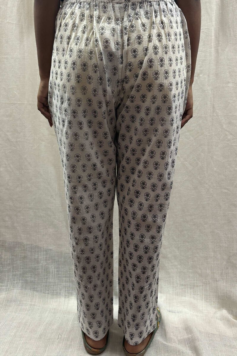 White Hand Block-Printed Cotton Slub Narrow Pants