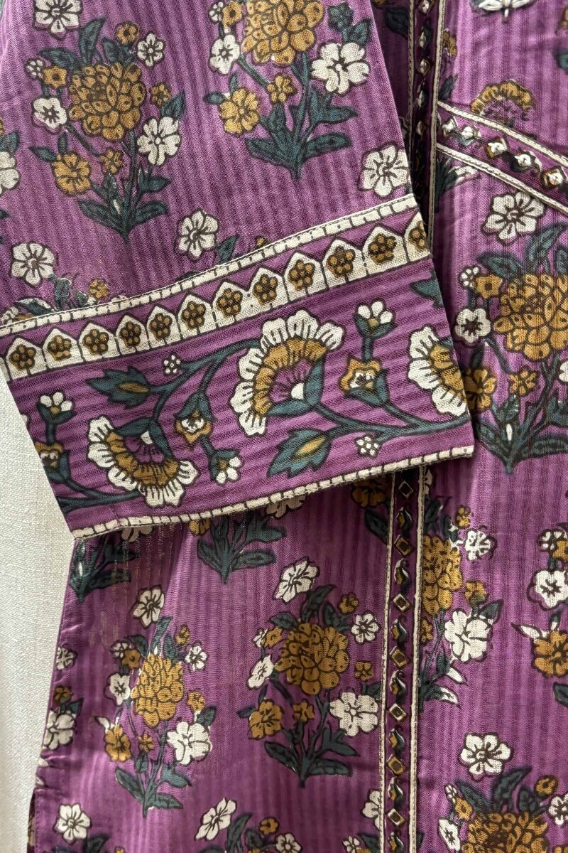 Purple Hand Printed Straight Cotton Dobby Kurta