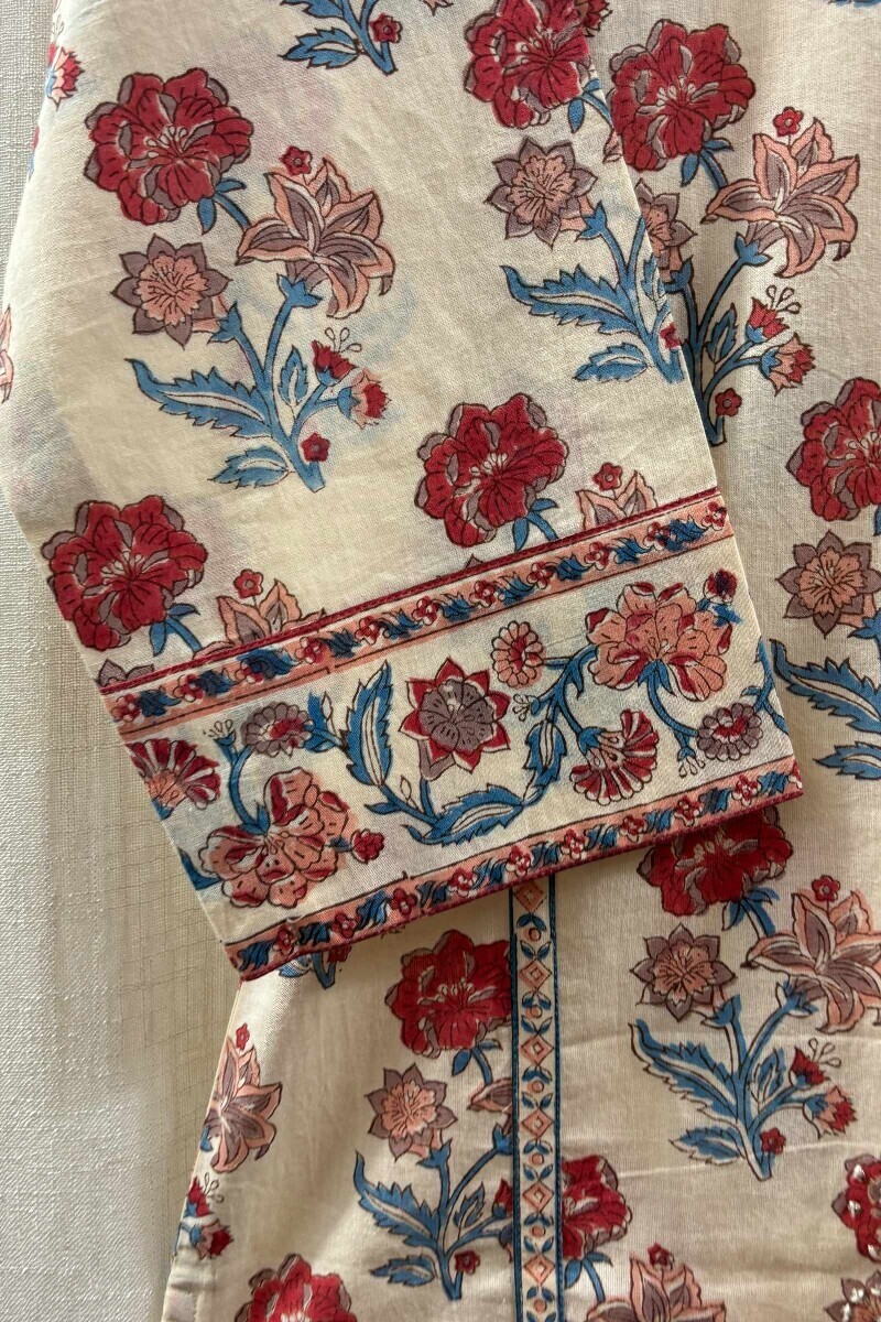 Cream Hand Printed Straight Cotton Kurta