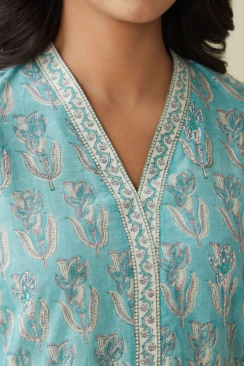 Blue Hand Block-Printed Straight Cotton Slub Kurta