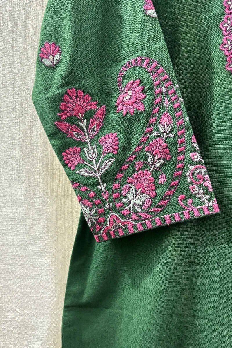Green Handcrafted Cotton Straight Kurta