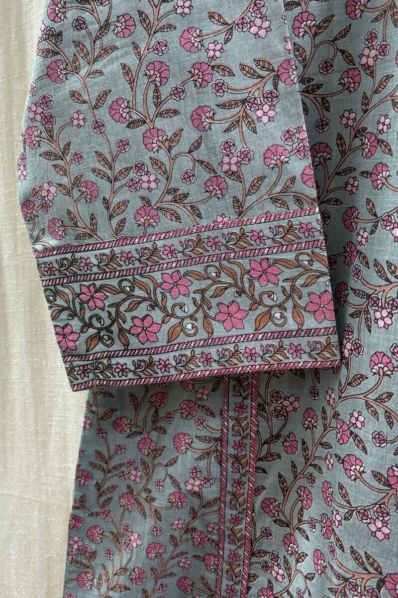Blue Hand Printed Straight Cotton Slub Kurta