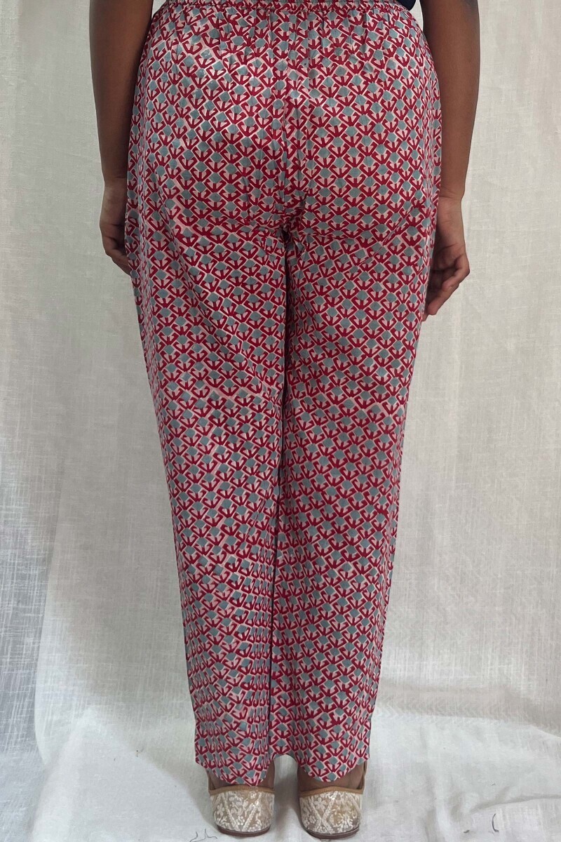 Red Hand Block-Printed Cotton Narrow Pants