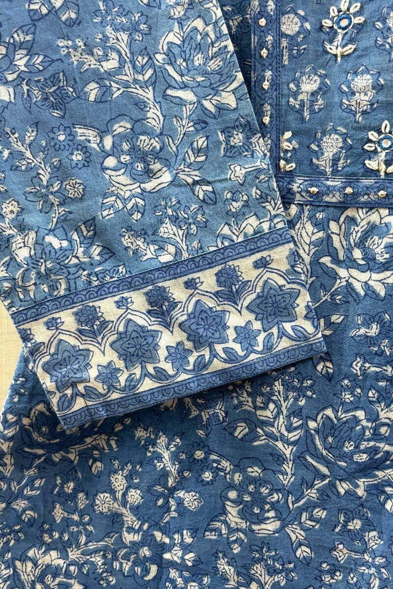 Indigo Hand Block-Printed Straight Cotton Kurta