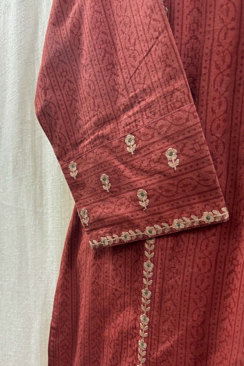 Red Hand Block-Printed Straight Cotton Kurta