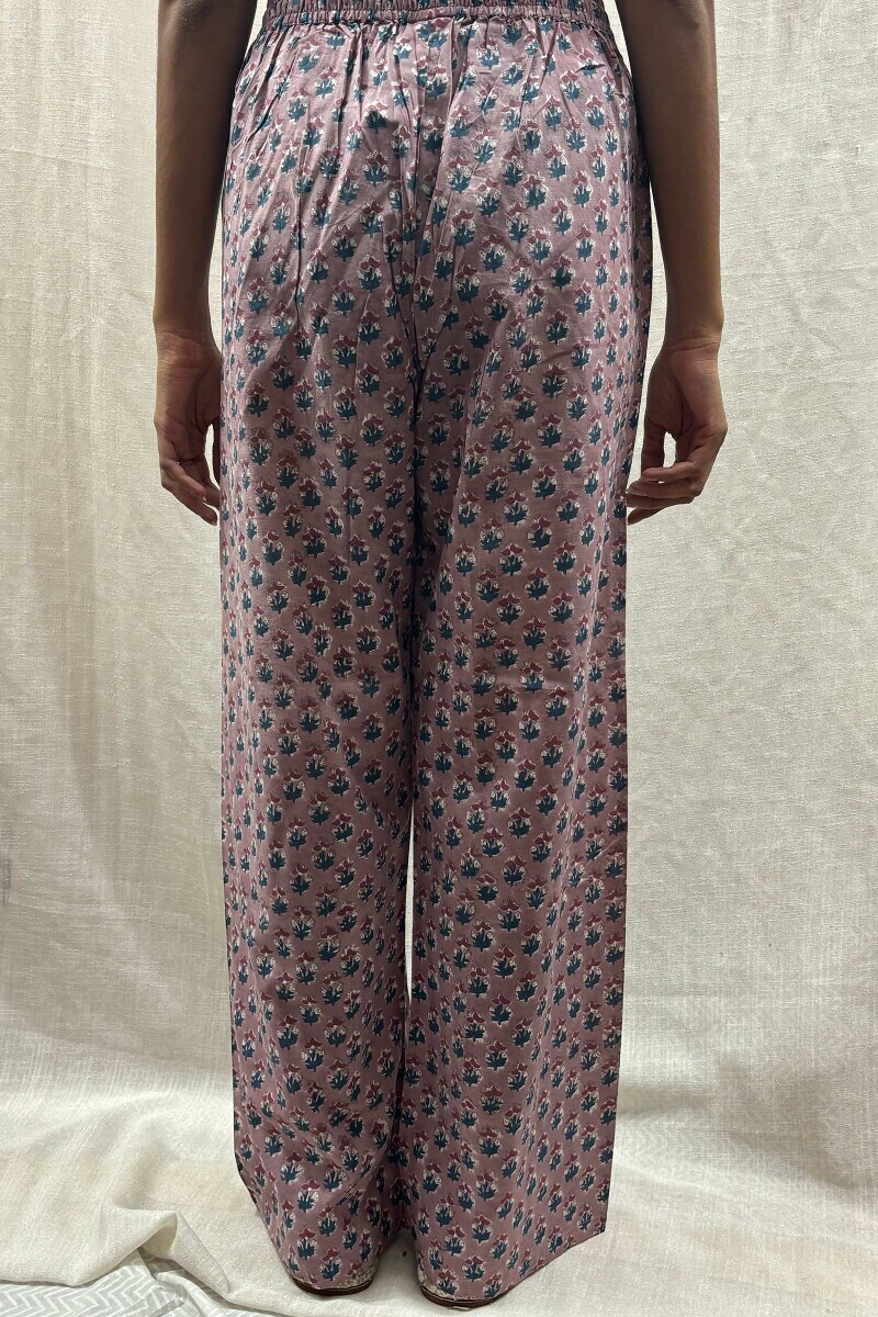 Mauve Hand Block-Printed Cotton Straight Farsi