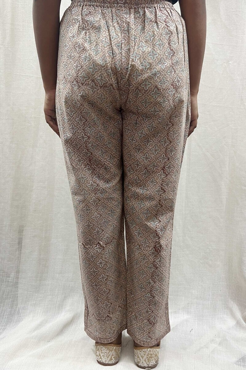 Brown Hand Block-Printed Cotton Slub Narrow Pants