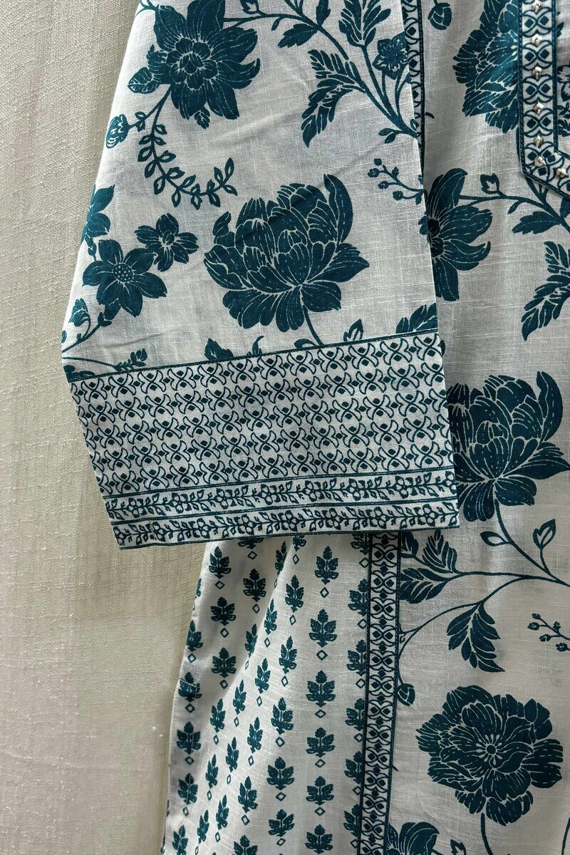 White Hand Printed Straight Cotton Slub Kurta