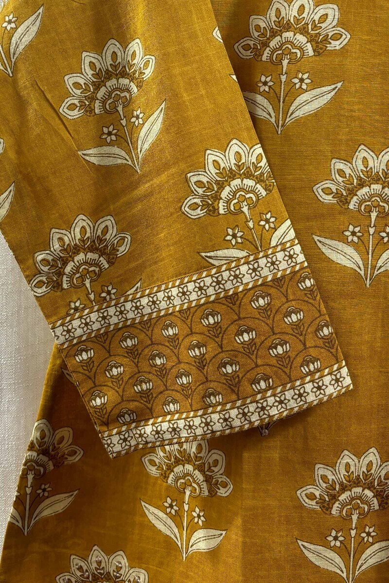 Mustard Hand Screen-Printed Kurta