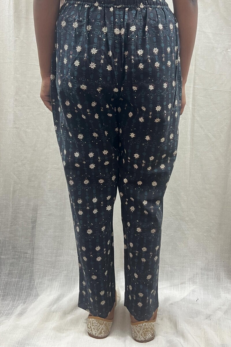 Black Hand Block-Printed Cotton Narrow Pants