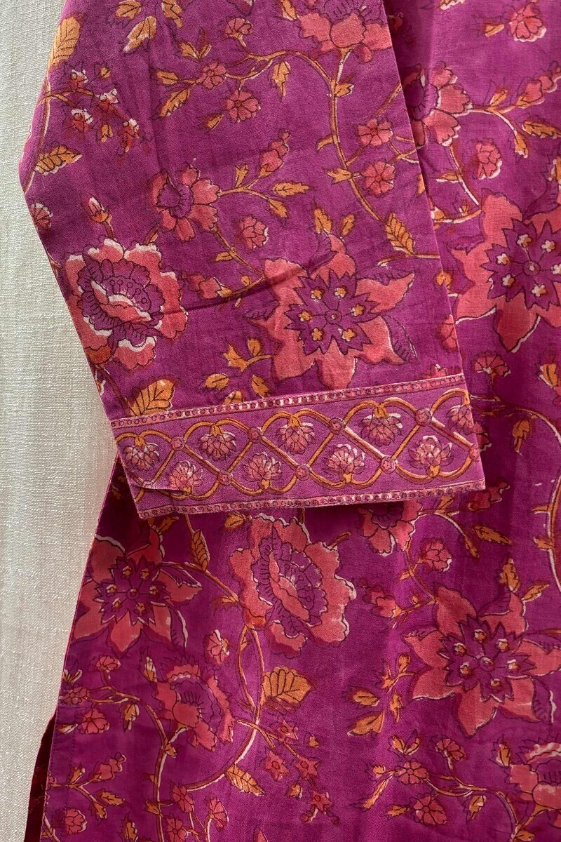 Purple Hand Block-Printed Straight Cotton Kurta