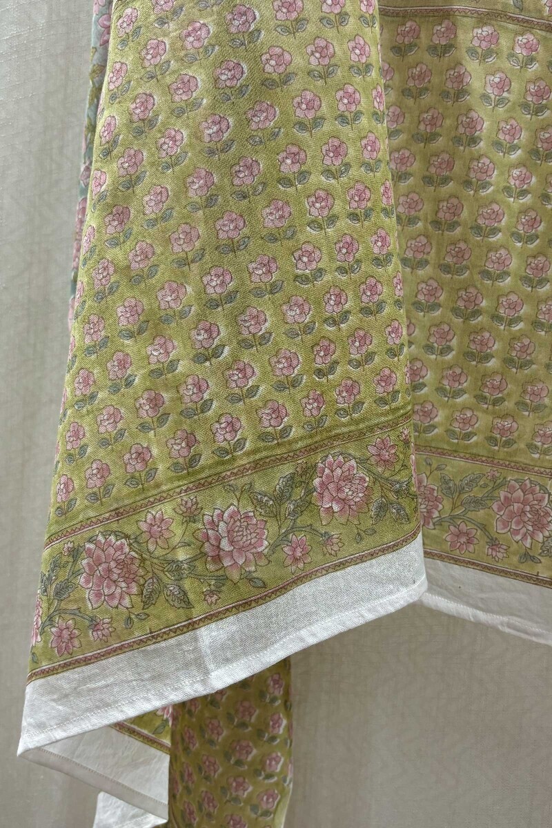 Green Hand Block-Printed Cotton Mul Dupatta