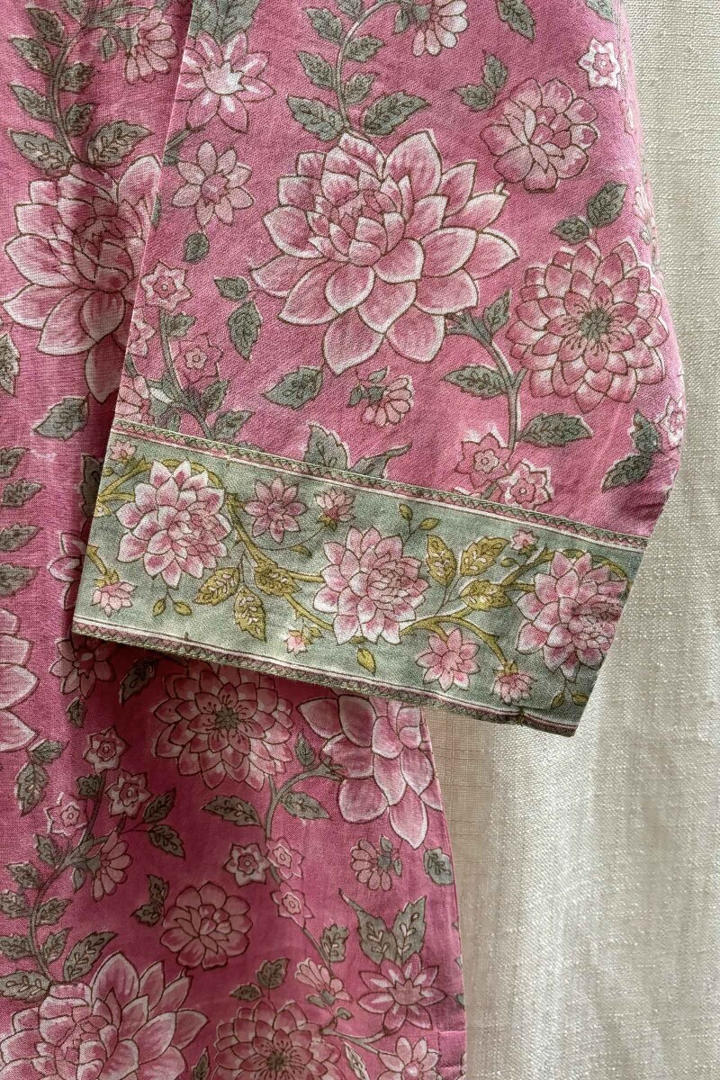 Pink Hand Block-Printed Straight Cotton Kurta