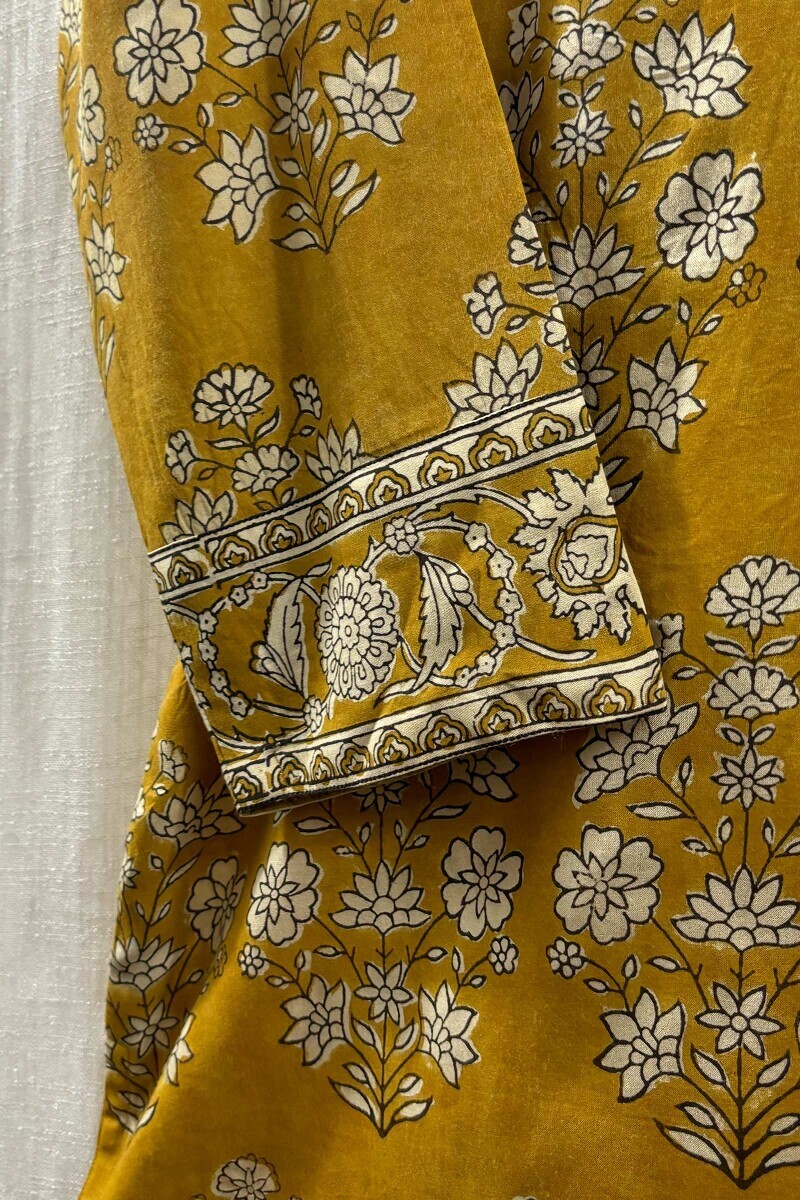 Mustard Hand Block-Printed Straight Viscose Kurta
