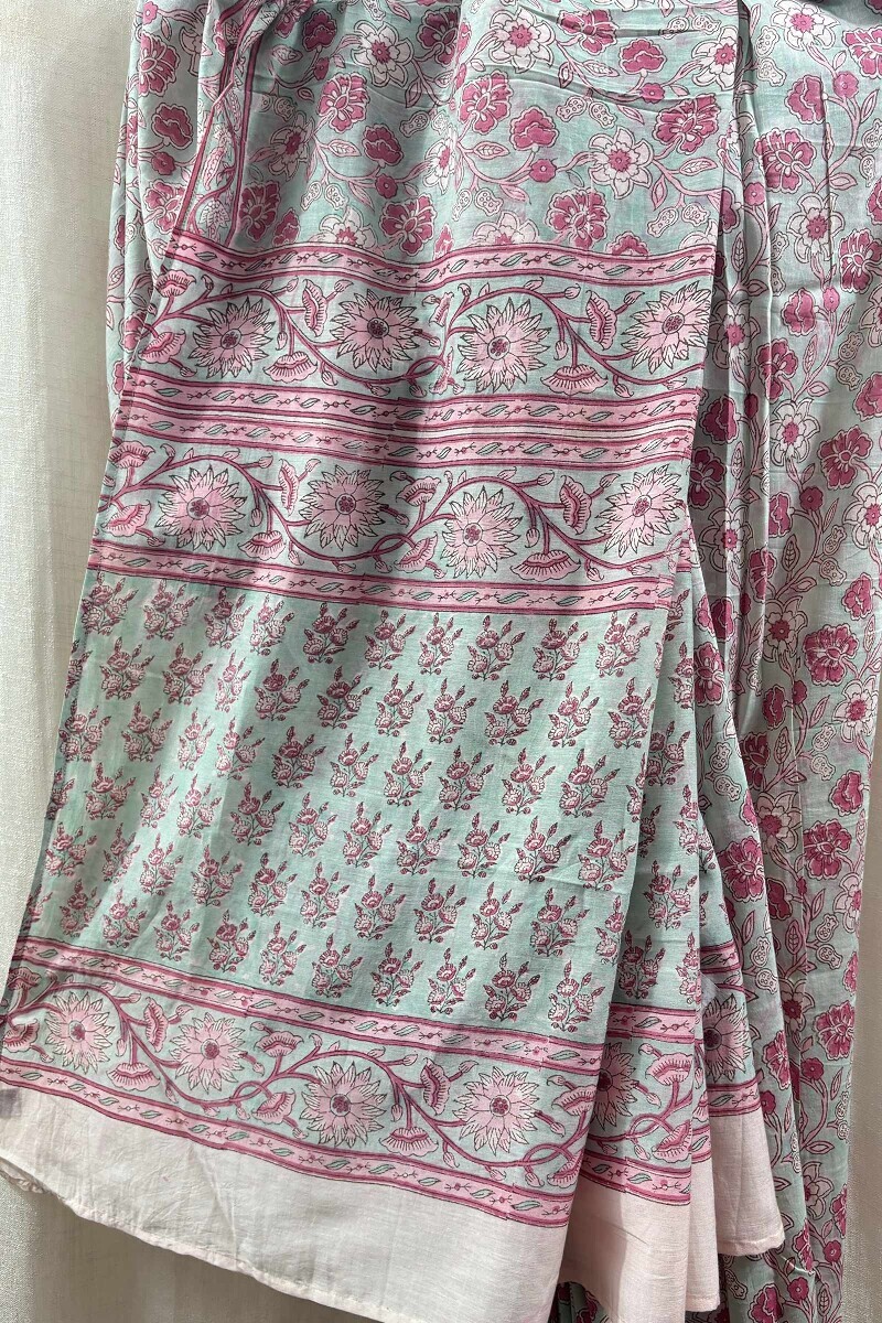 Blue Hand Block-Printed Saree