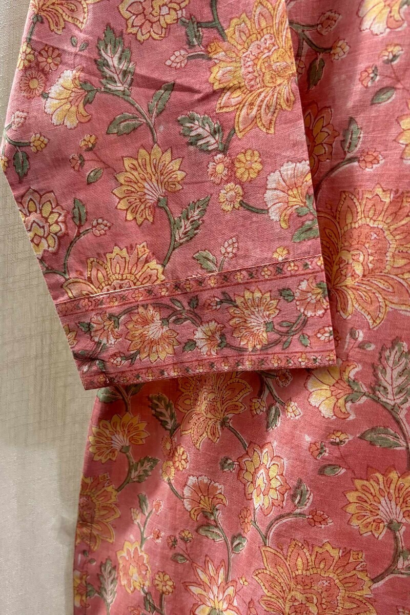Peach Hand Block-Printed Straight Cotton Kurta