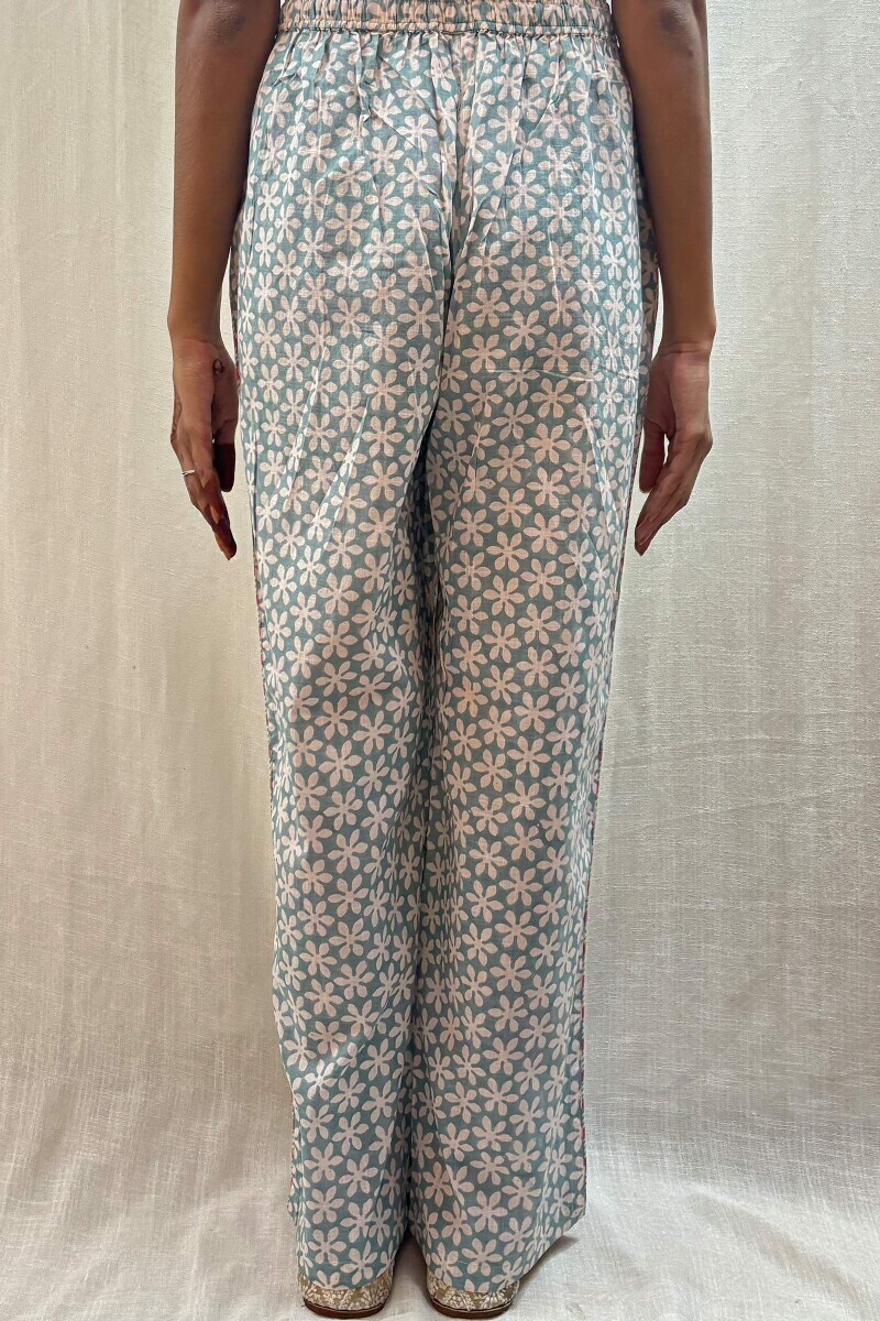 Blue Hand Block-Printed Cotton Slub Straight Farsi