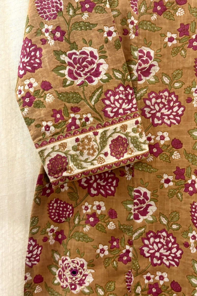 Mustard Hand Printed Cotton Slub Straight Kurta
