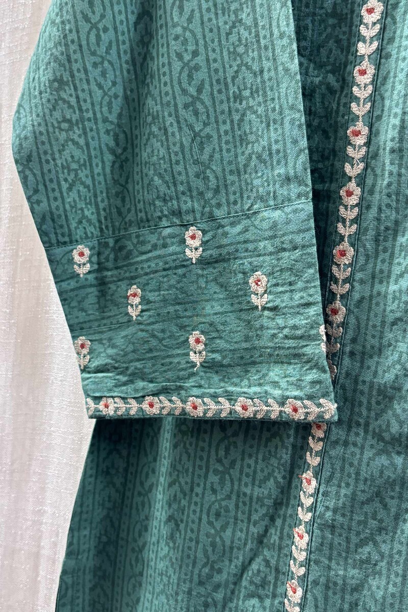 Green Hand Block-Printed Cotton Straight Kurta