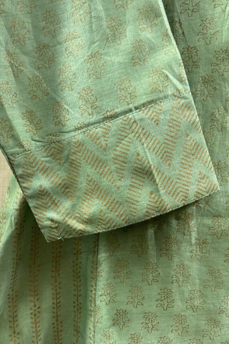 Green Hand Block-Printed Straight Chanderi Kurta