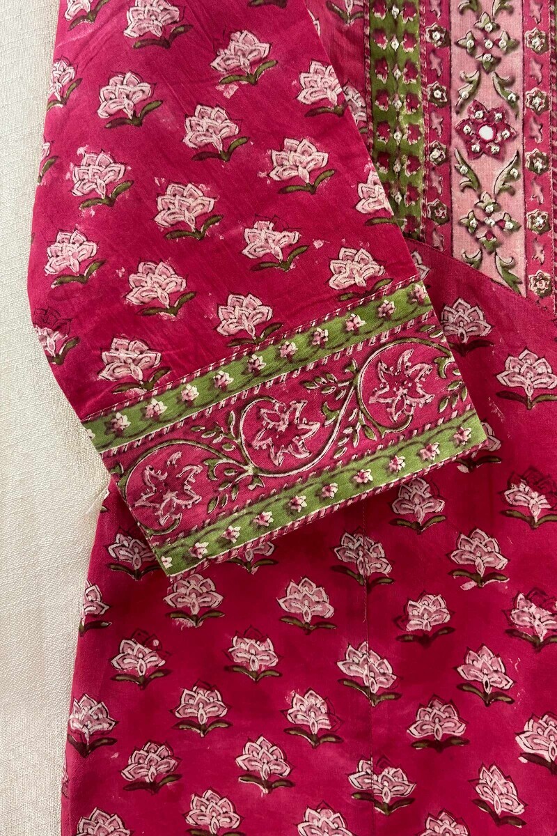 Pink Hand Block-Printed Straight Cotton Kurta