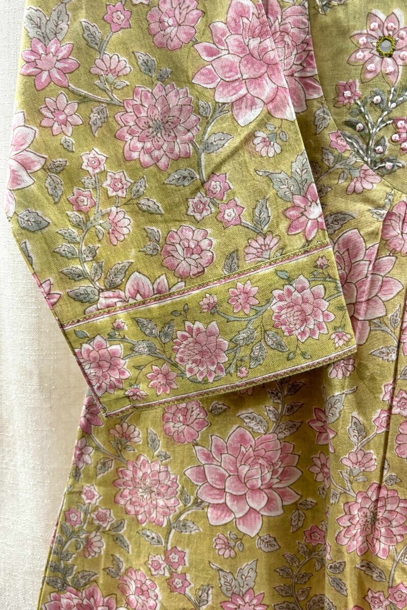 Green Hand Block-Printed Straight Cotton Kurta