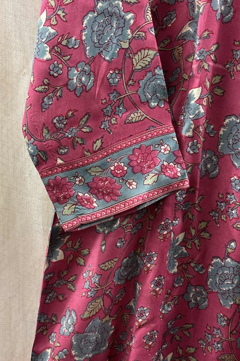 Pink Hand Printed Angrakha Viscose Kurta