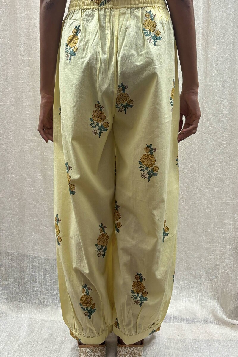 Yellow Hand Block-Printed Izhaar Pants for Women