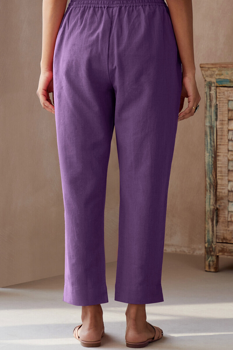 Purple Handcrafted Cotton Flax Narrow Pants