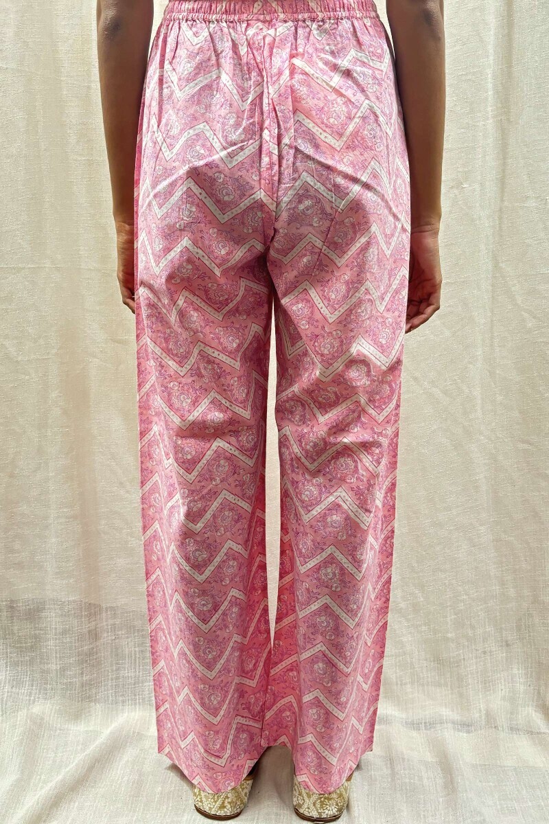 Pink Hand Block-Printed Cotton Straight Farsi