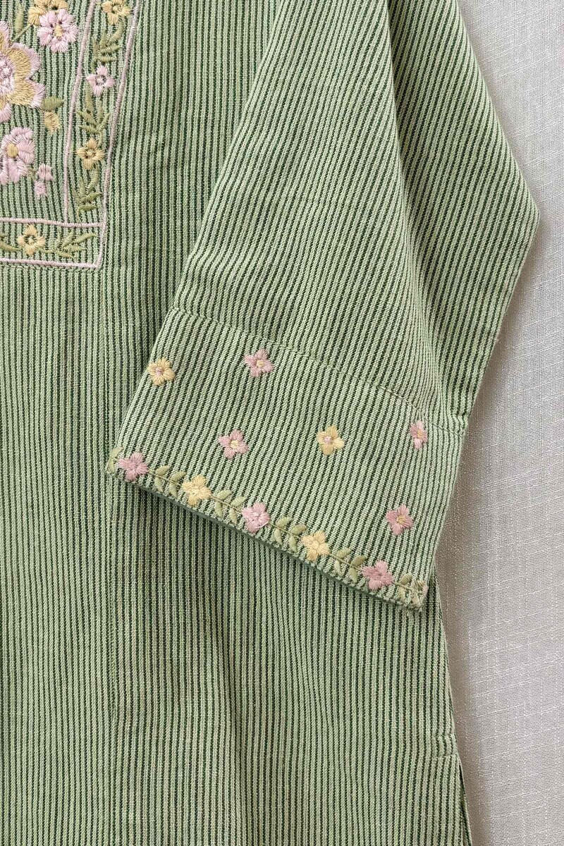 Light Green Handcrafted Straight Cotton Flax Kurta