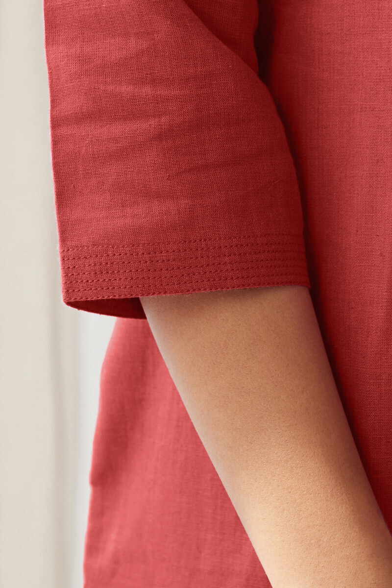 Brick Red Handcrafted Straight Cotton Flax Kurta