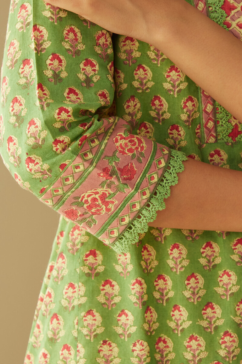 Green Hand Block-Printed Straight Cotton Kurta