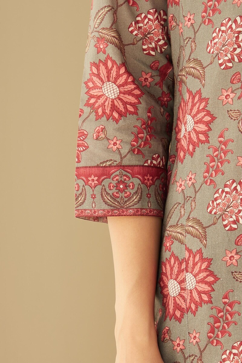 Grey Printed Straight Cotton Kurta
