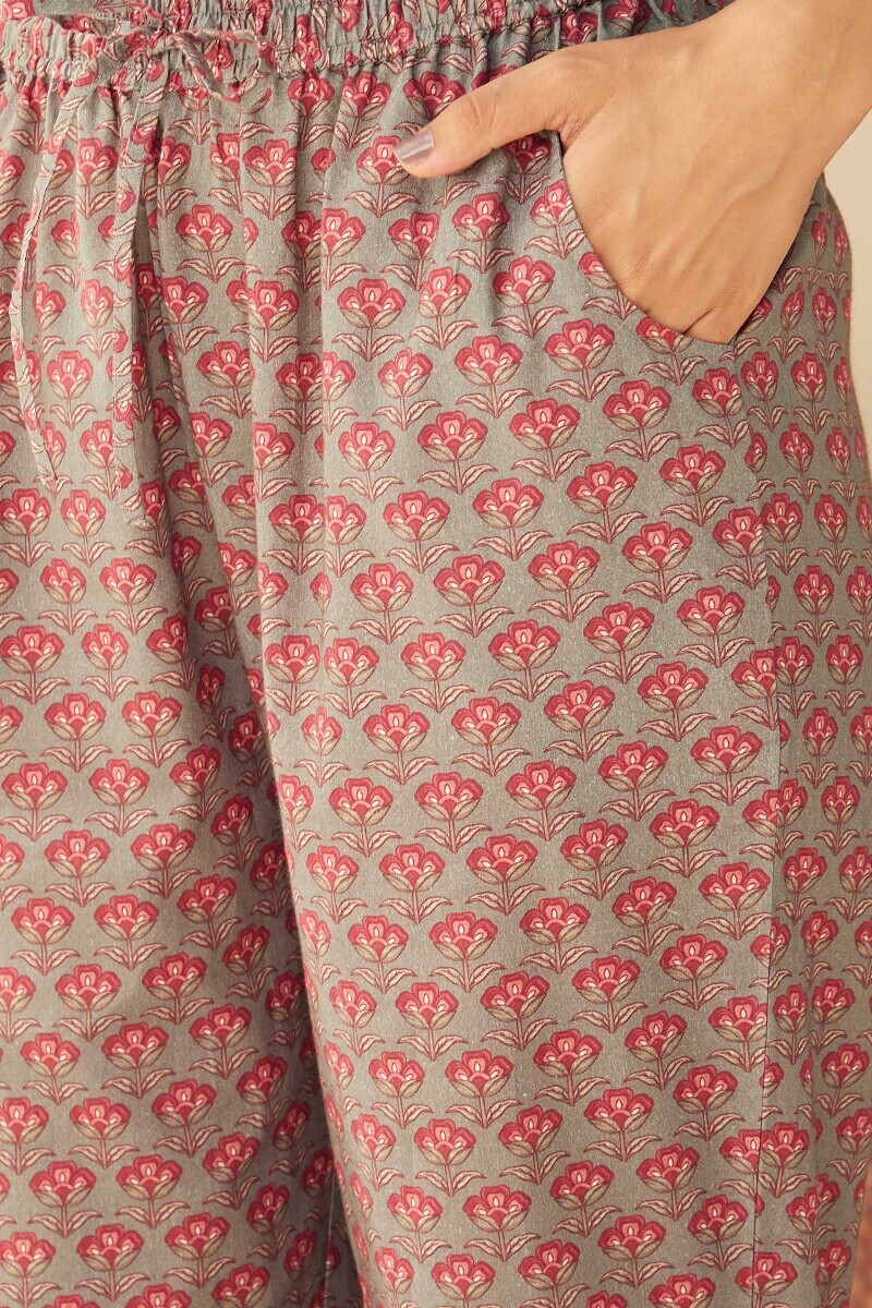 Grey Printed Cotton Narrow Pants