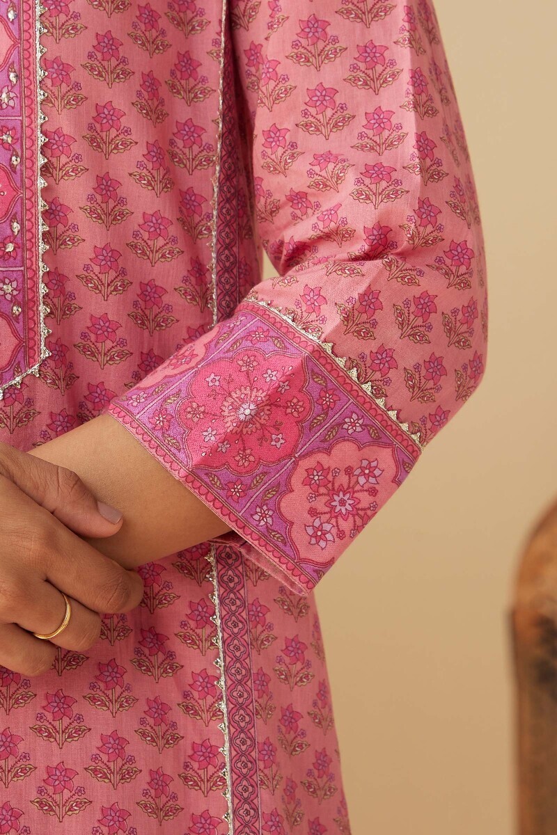 Pink Hand Printed Straight Cotton Kurta