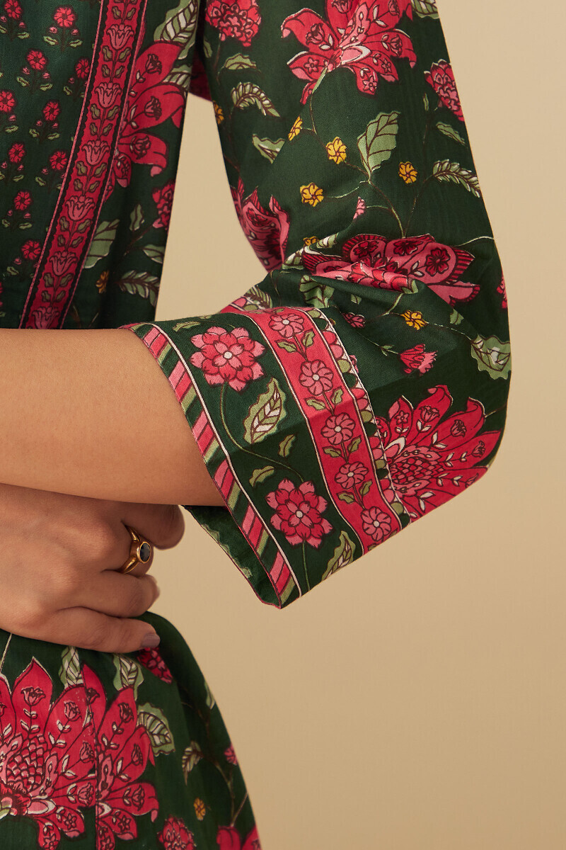Green Hand Printed Cotton Kaftan