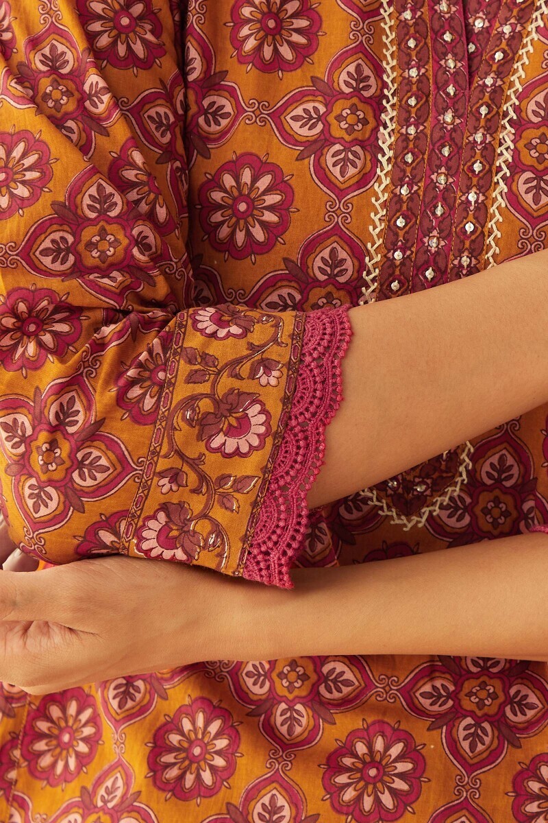 Mustard Hand Printed Straight Cotton Kurta