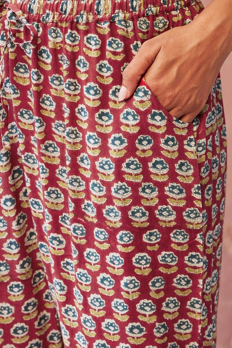 Red Hand Block-Printed Viscose Narrow Pants