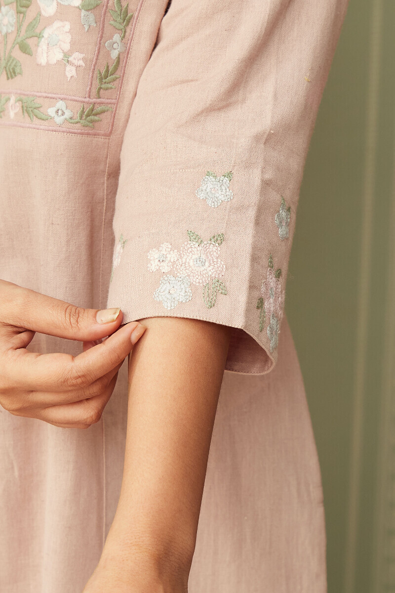 Pink Handcrafted Straight Cotton Flax Kurta