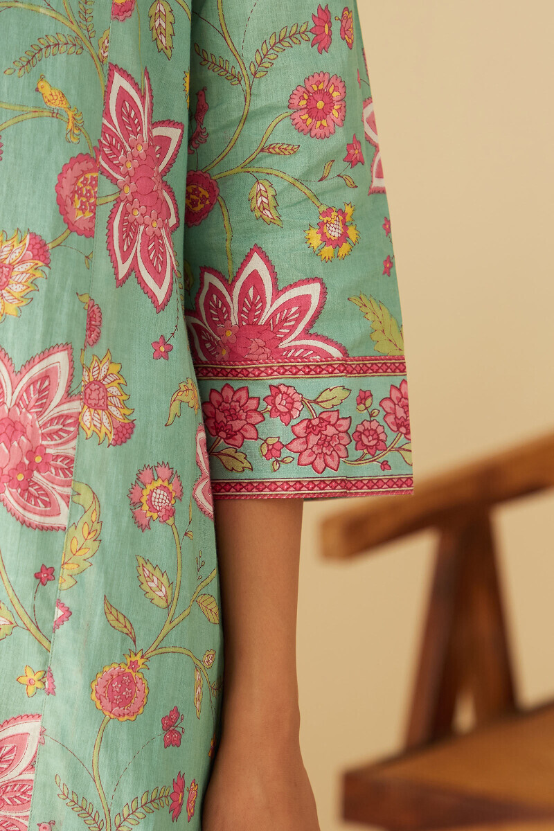 Green Hand Printed Cotton Kaftan
