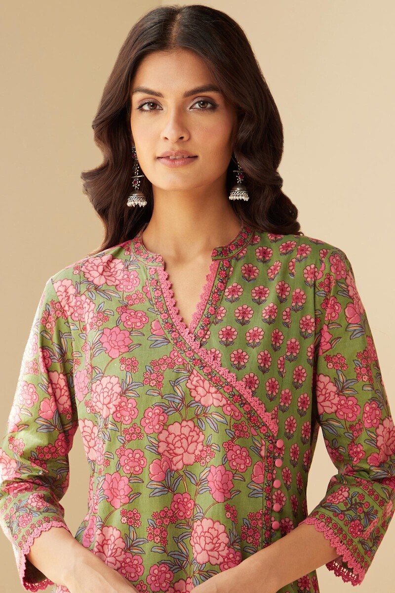 Green Hand Printed Angrakha Cotton Kurta