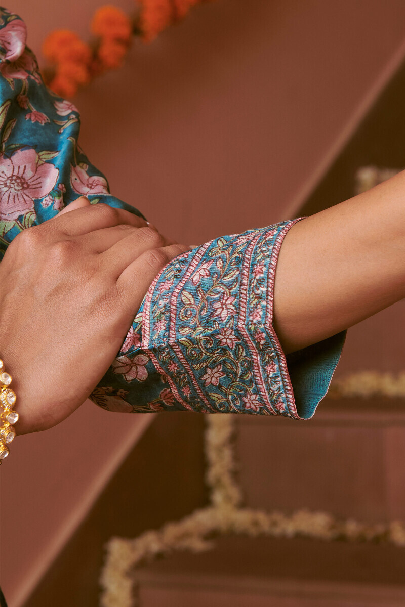 Blue Hand Block-Printed Straight Chanderi Kurta