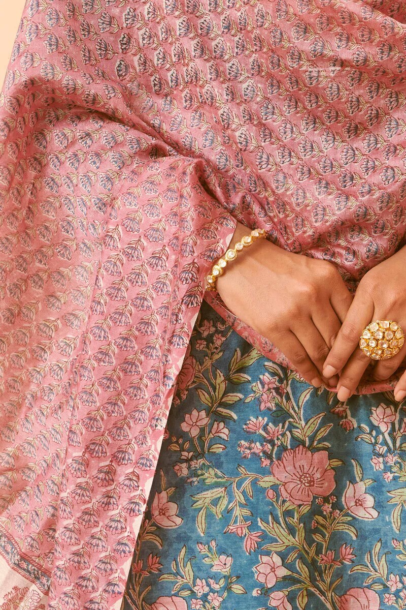 Pink Hand Block-Printed Chanderi Dupatta